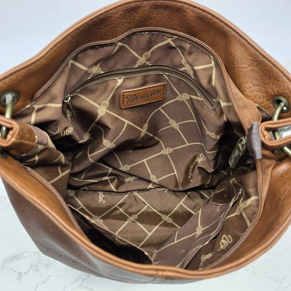 Wrangler Shoulder Bag Large Brown Faux Pebbled Leather Western Zip Hobo Casual